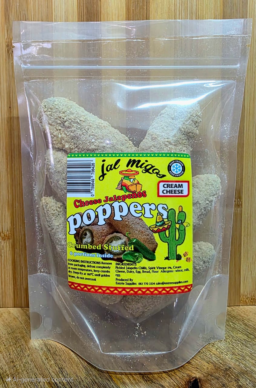 Pack of six frozen, crumbed Cream Cheese Jalapeño Poppers in a clear bag with a red, green and yellow label