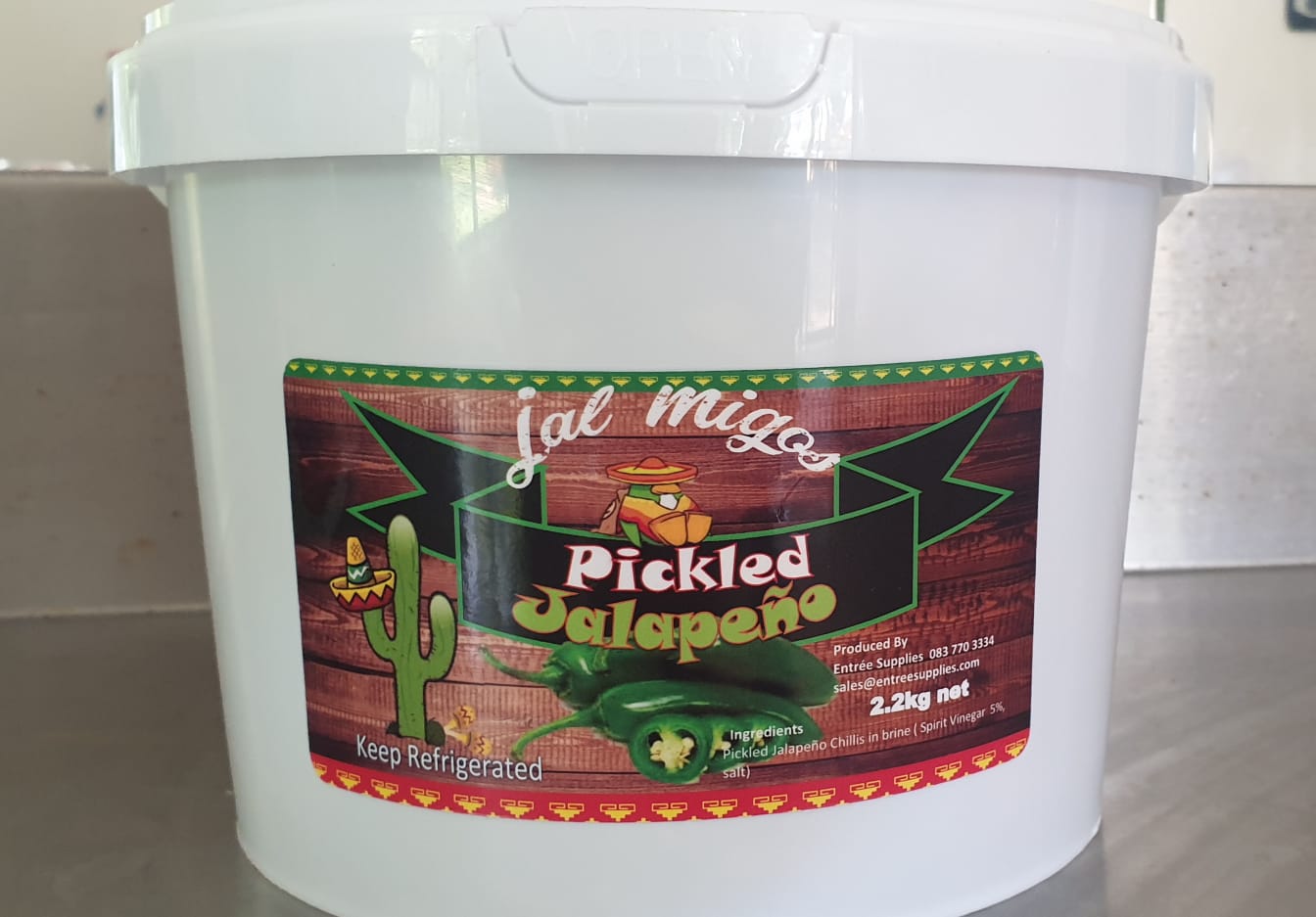 White 2.2kg bucket of pickled jalapeños with a Keep Refrigerated label