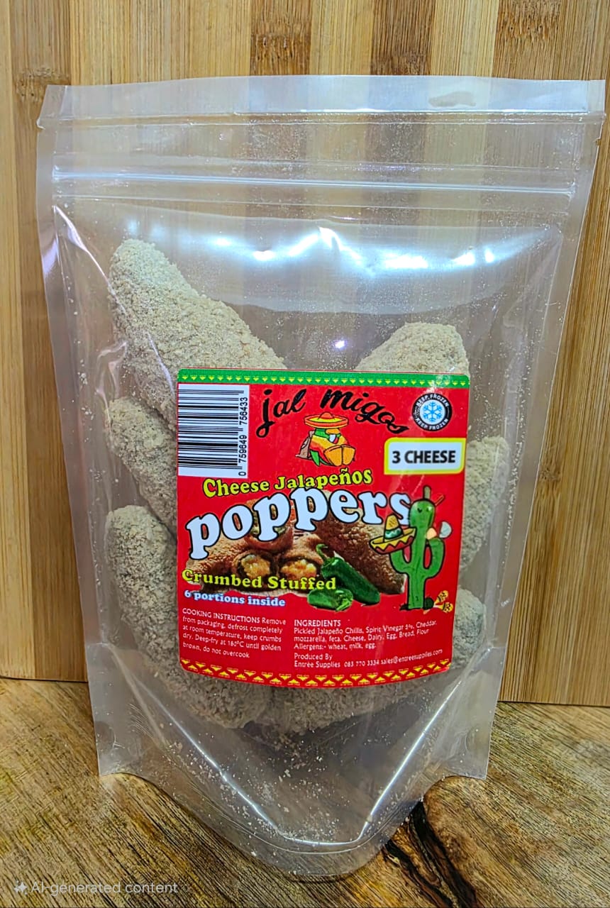 Pack of six frozen, crumbed 3 Cheese Jalapeño Poppers in a clear stand-up bag